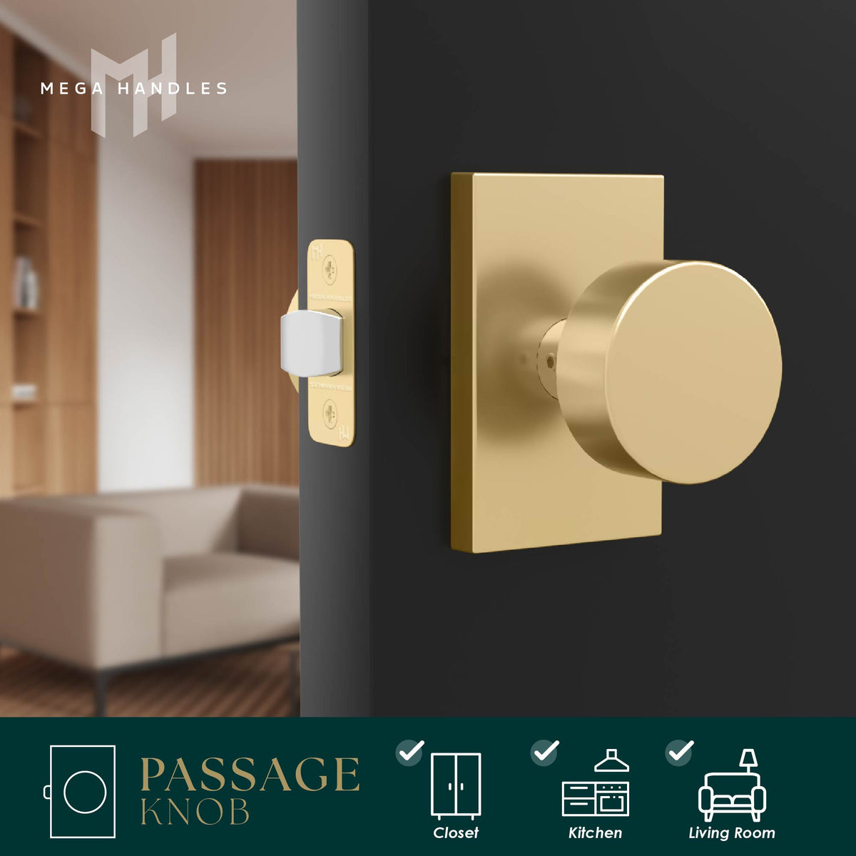 Assorted Emeluxe door hardware displayed around a Laura Satin Brass handle