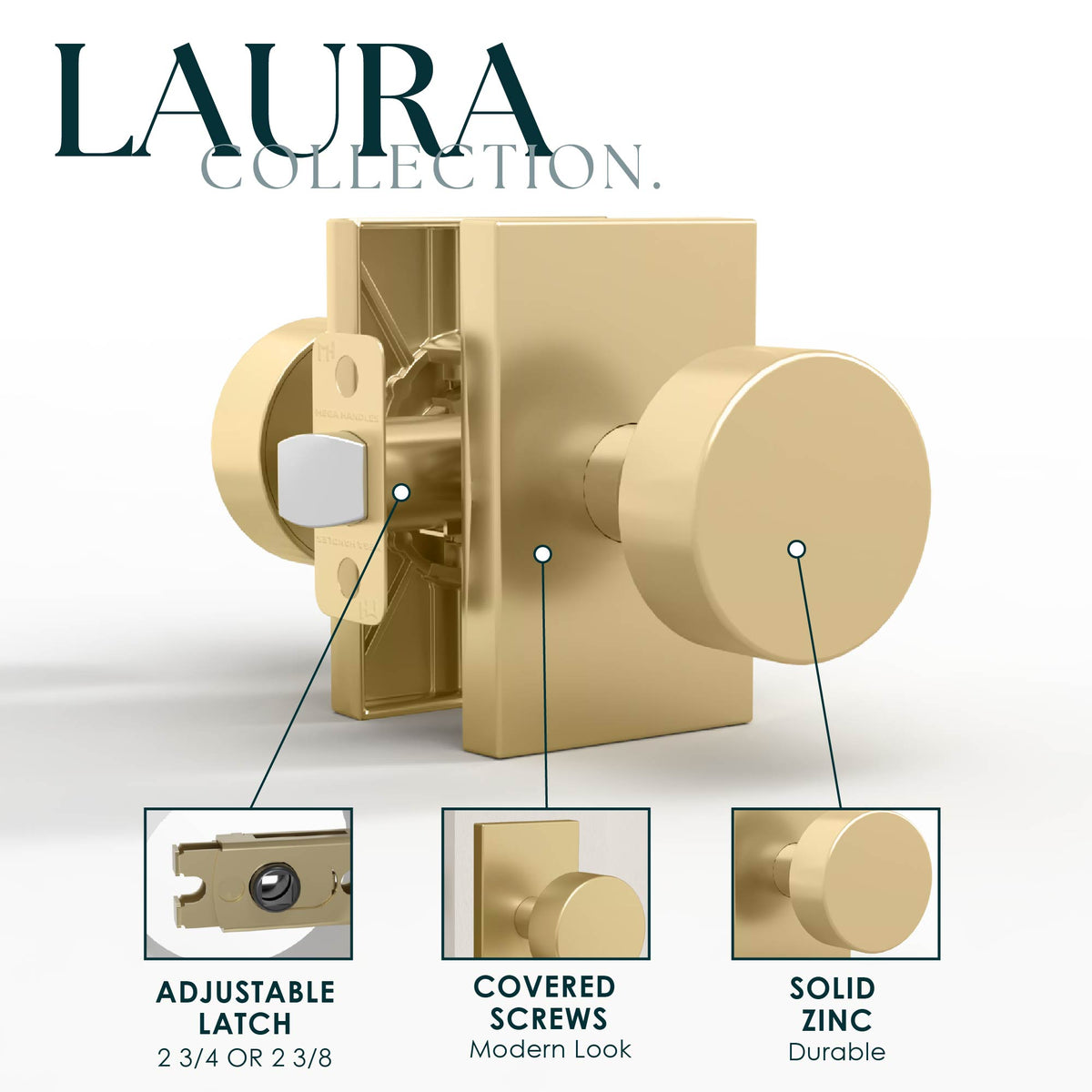 Two Laura Matte Black dummy knobs with rectangular rosettes and small finish swatches