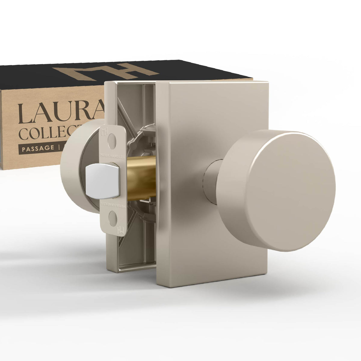 Laura Satin Nickel passage knob set with rectangular rosettes and exposed latch