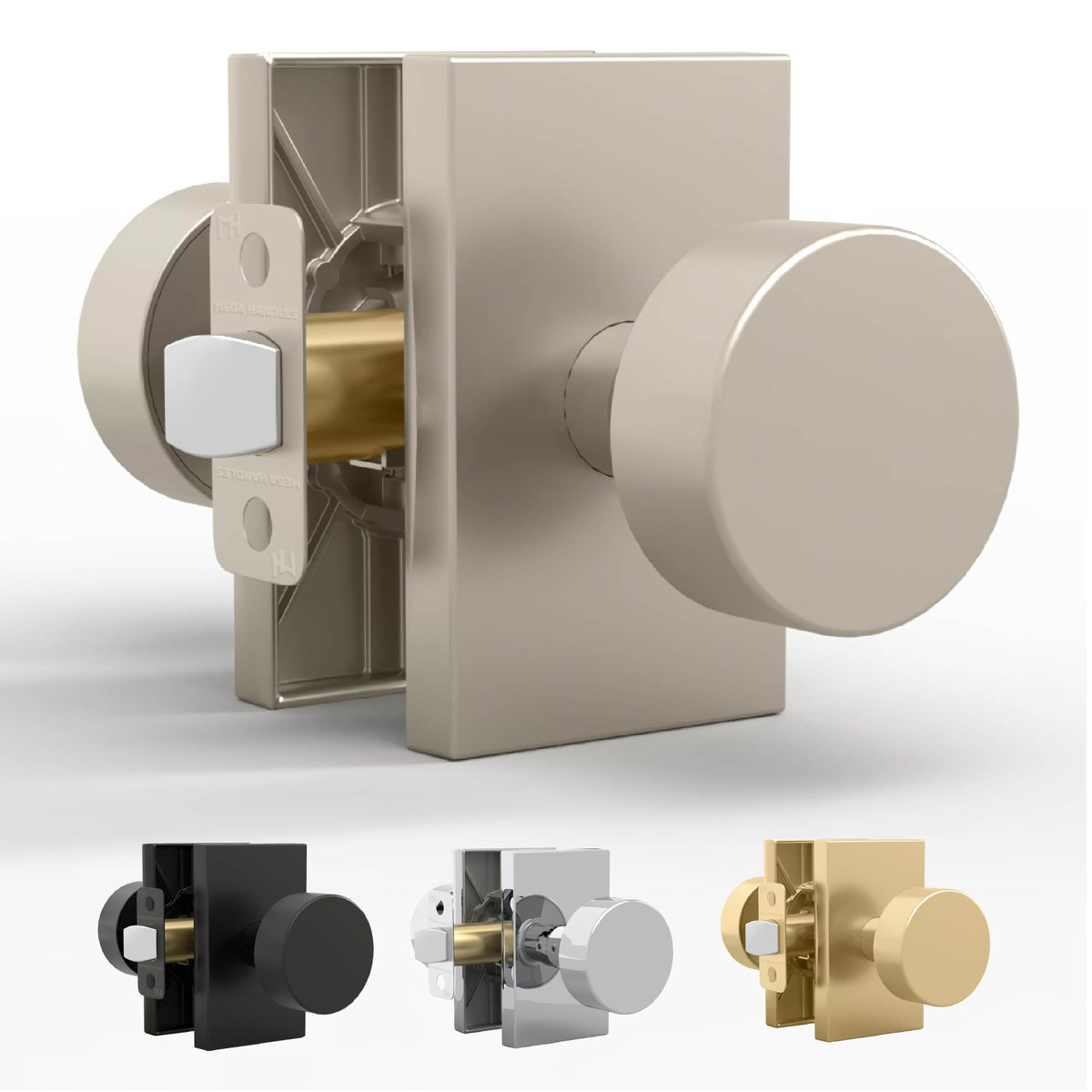 Laura Satin Nickel passage knob set beside Laura packaging
