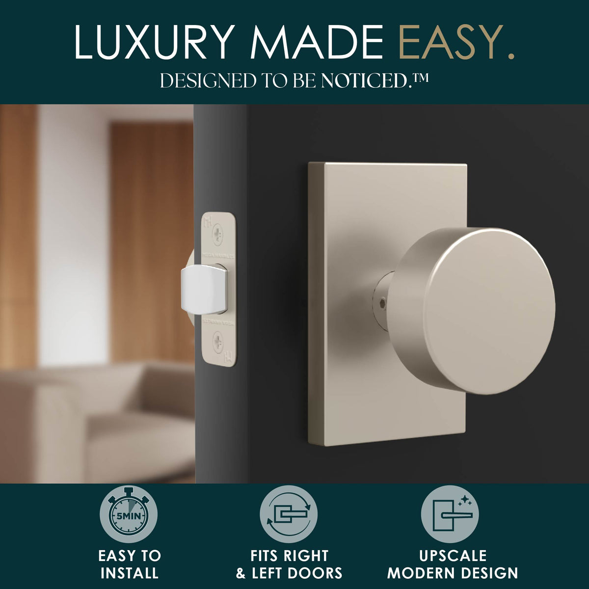 Laura Satin Nickel passage knob installed on a dark door in a lifestyle graphic