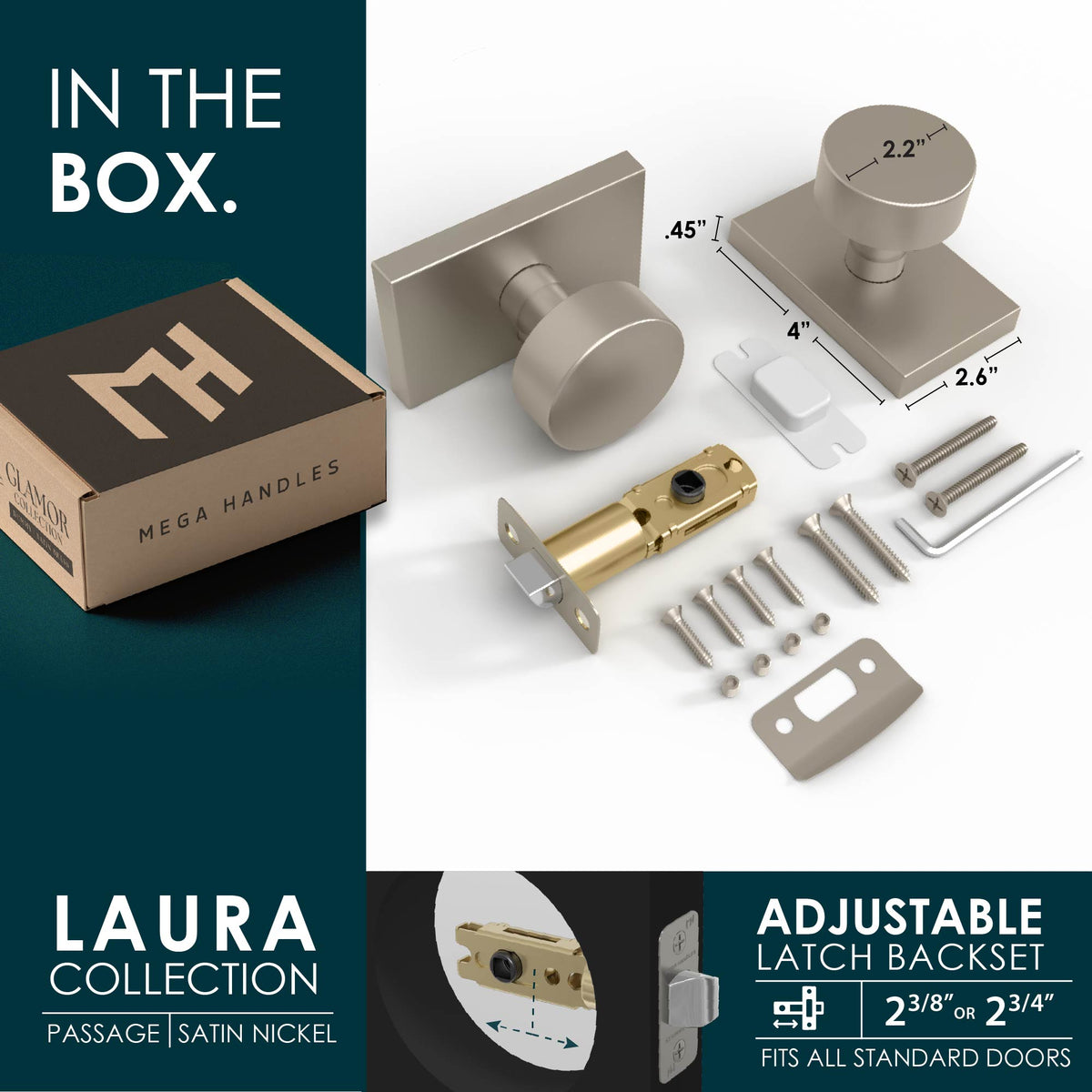 Laura Satin Nickel passage set with knob, latch, screws, tools, and packaging