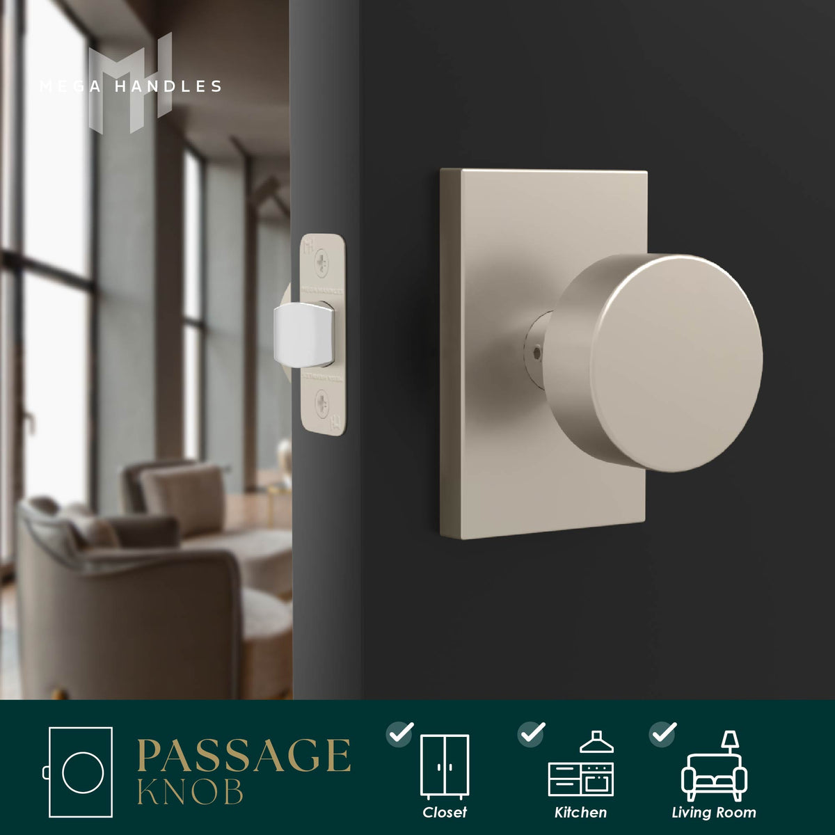 Laura Satin Nickel passage knob lifestyle graphic highlighting easy installation and modern design