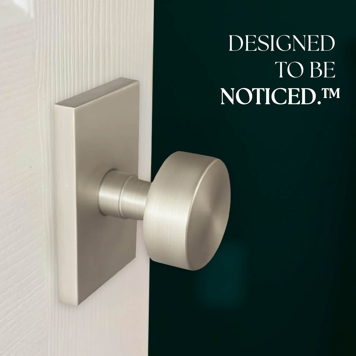 Close-up of a Laura Satin Nickel passage knob installed on a light door