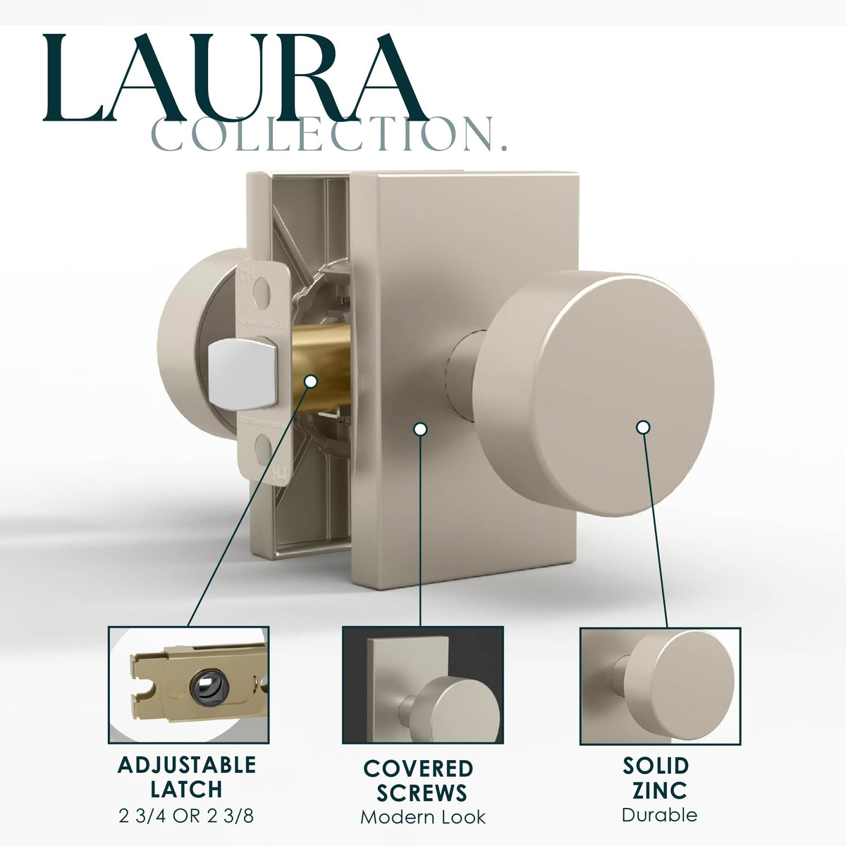 Laura Satin Nickel passage knob feature diagram showing adjustable latch and concealed screws