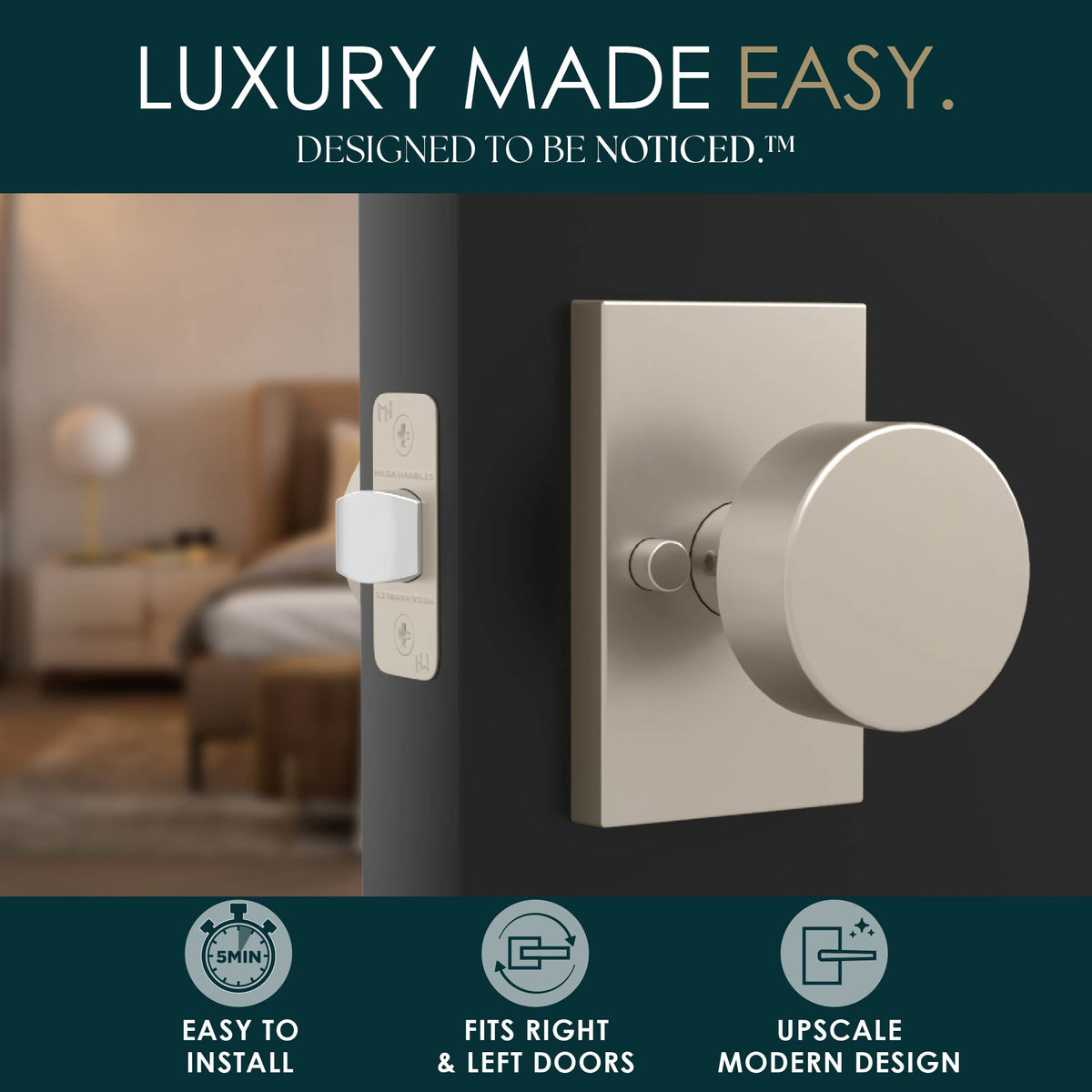 Front and rear views of Laura Satin Nickel privacy knobs on rectangular rosettes