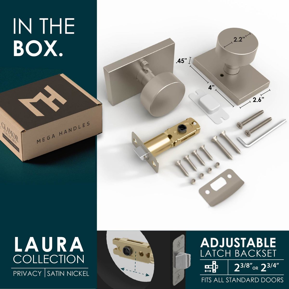 Laura Satin Nickel privacy knob set with exposed latch and finish swatches