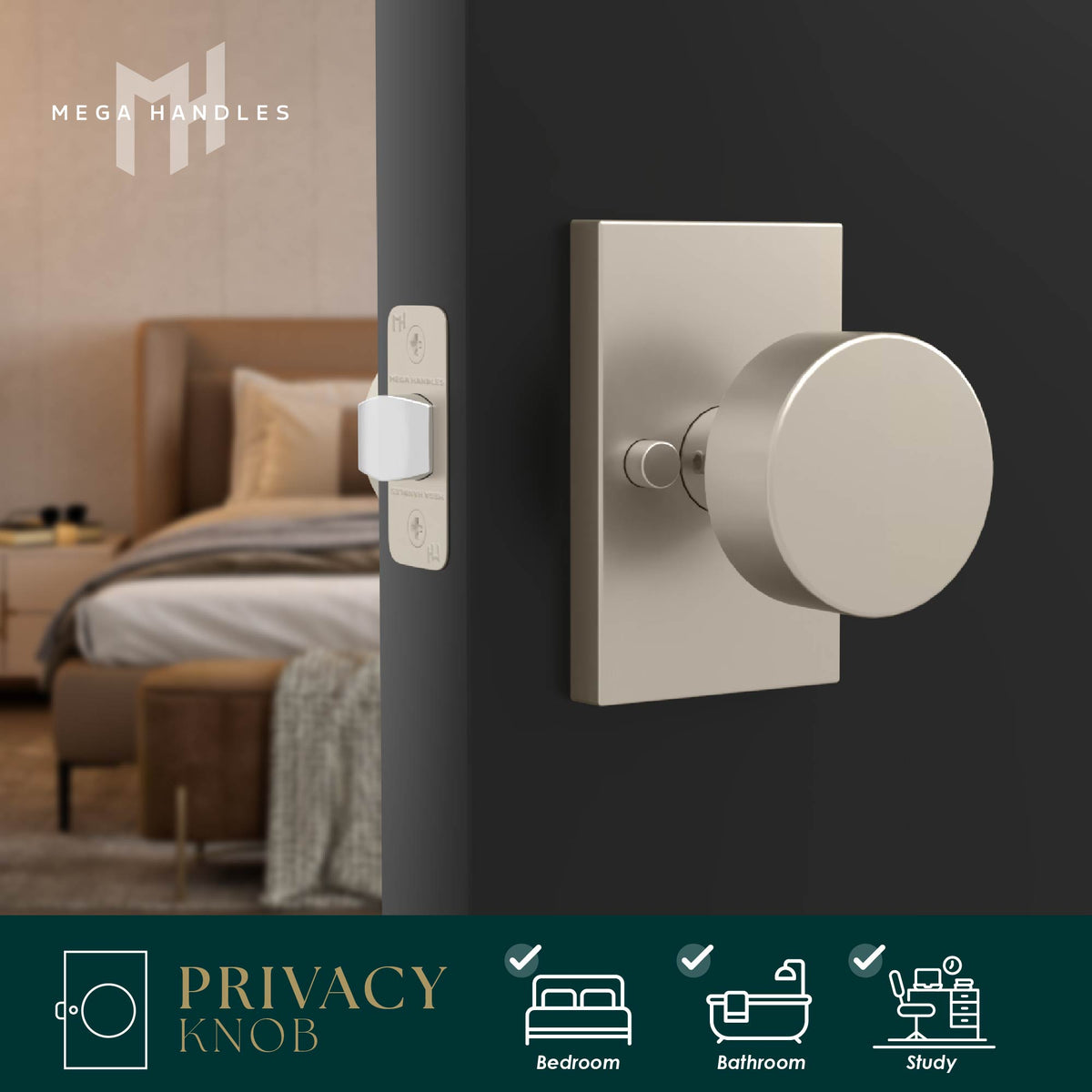 Laura Satin Nickel privacy knob lifestyle graphic highlighting easy installation and modern design