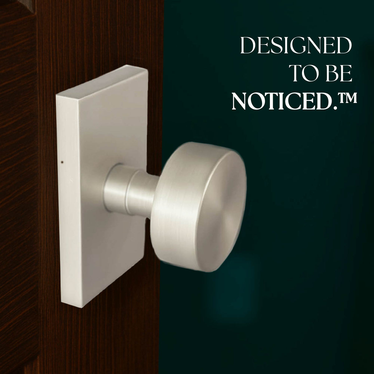 Laura Satin Nickel privacy knob installed on a dark bedroom door
