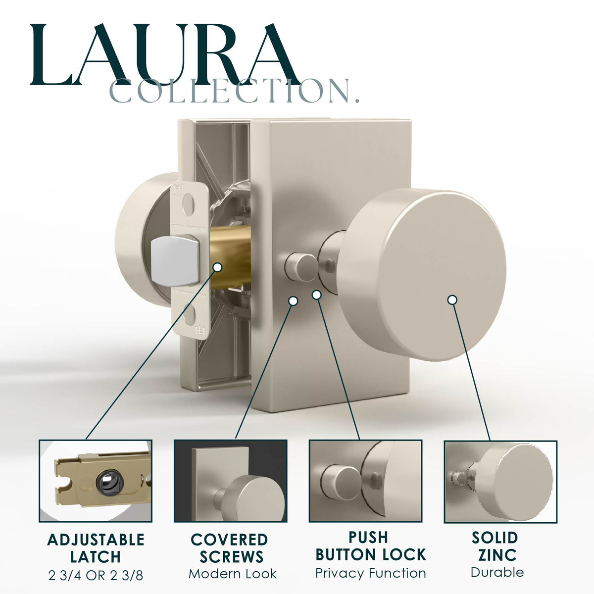 Laura Satin Nickel privacy set with knob, latch, screws, tools, and packaging
