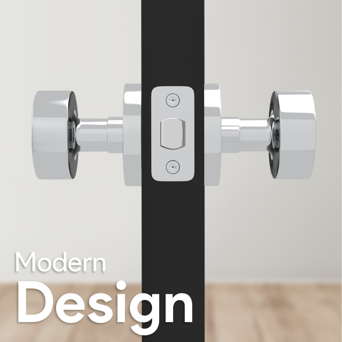 Edge view of a Buena Polished Chrome privacy knob set on a black door