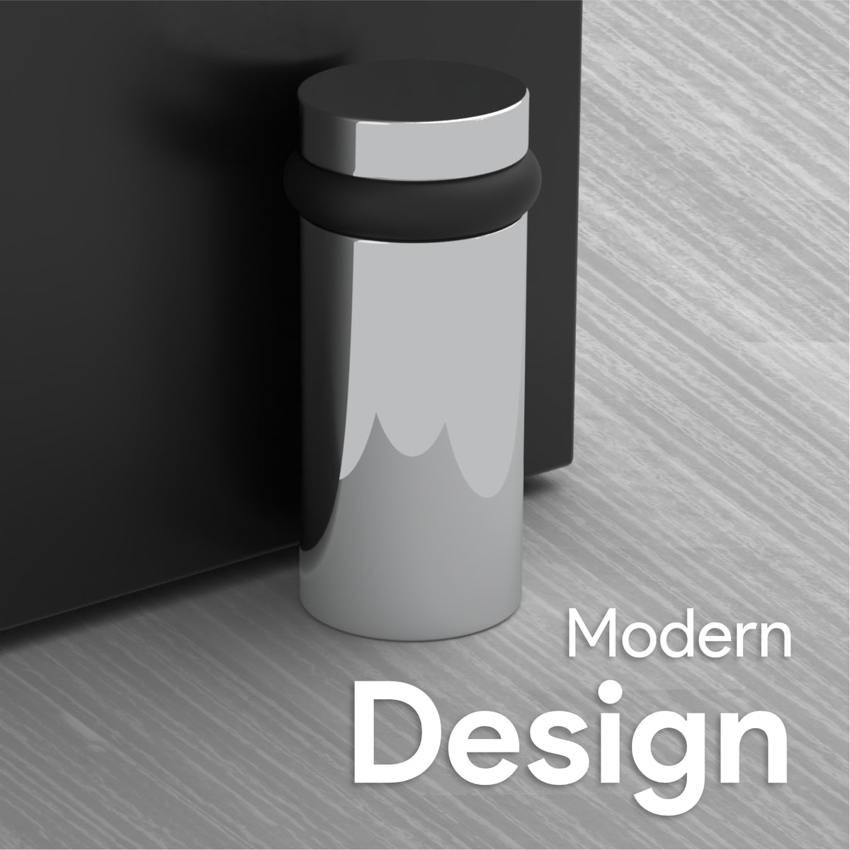 Polished chrome 3-inch Cylinder Door Stopper installed beside a door in a styled interior