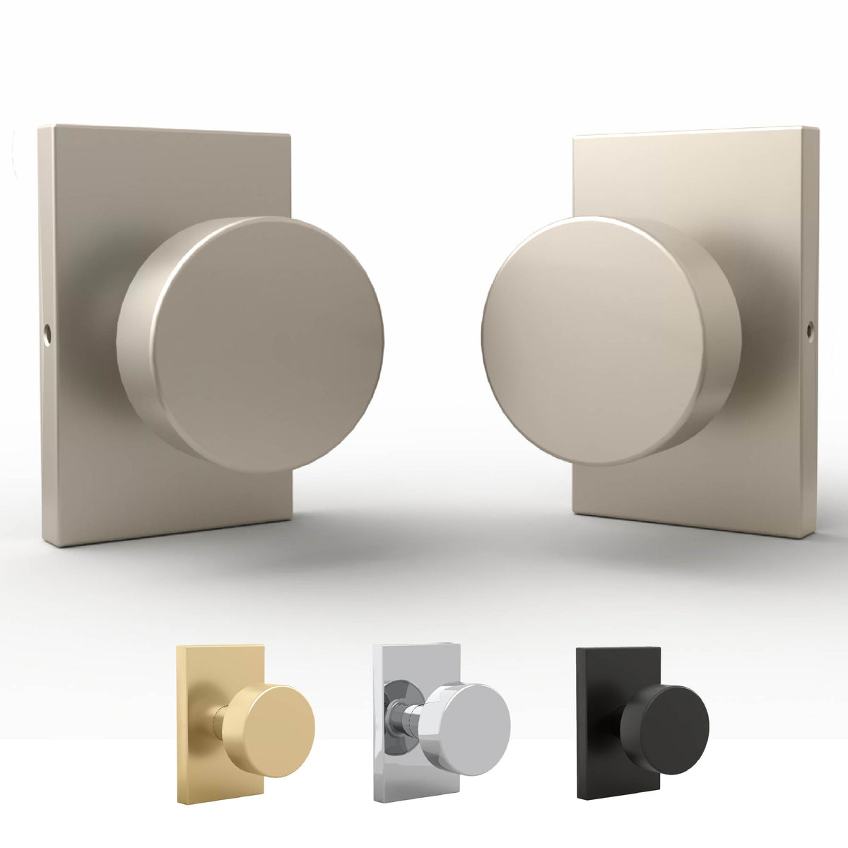 Two Laura Satin Nickel dummy knobs with rectangular rosettes and finish swatches