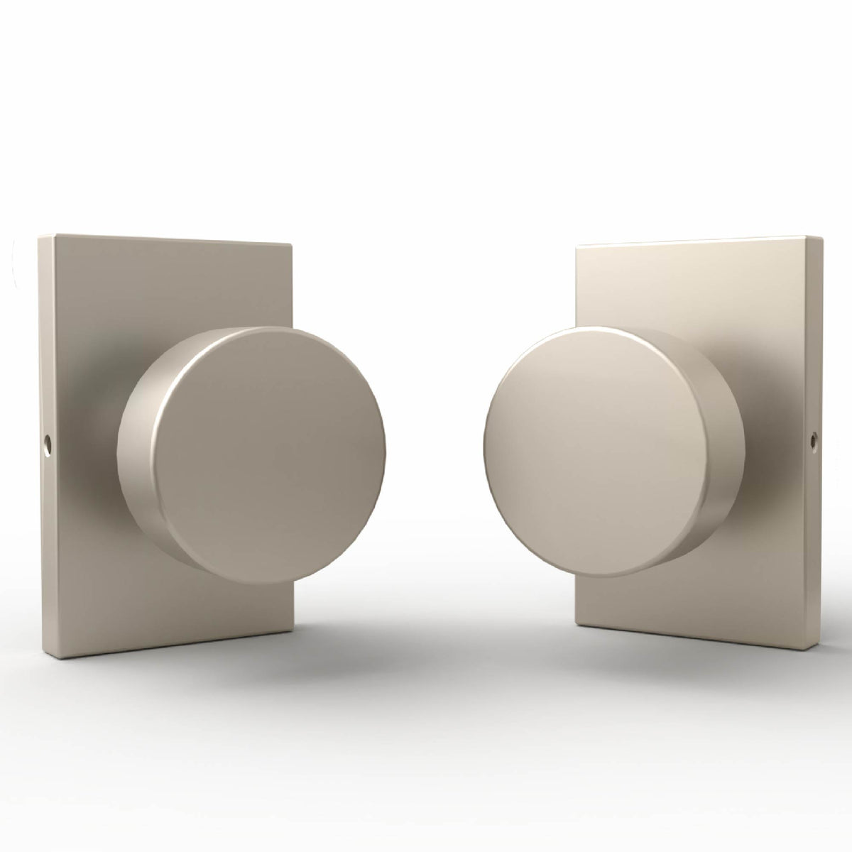 Front and rear views of Laura Satin Nickel dummy knobs on rectangular rosettes
