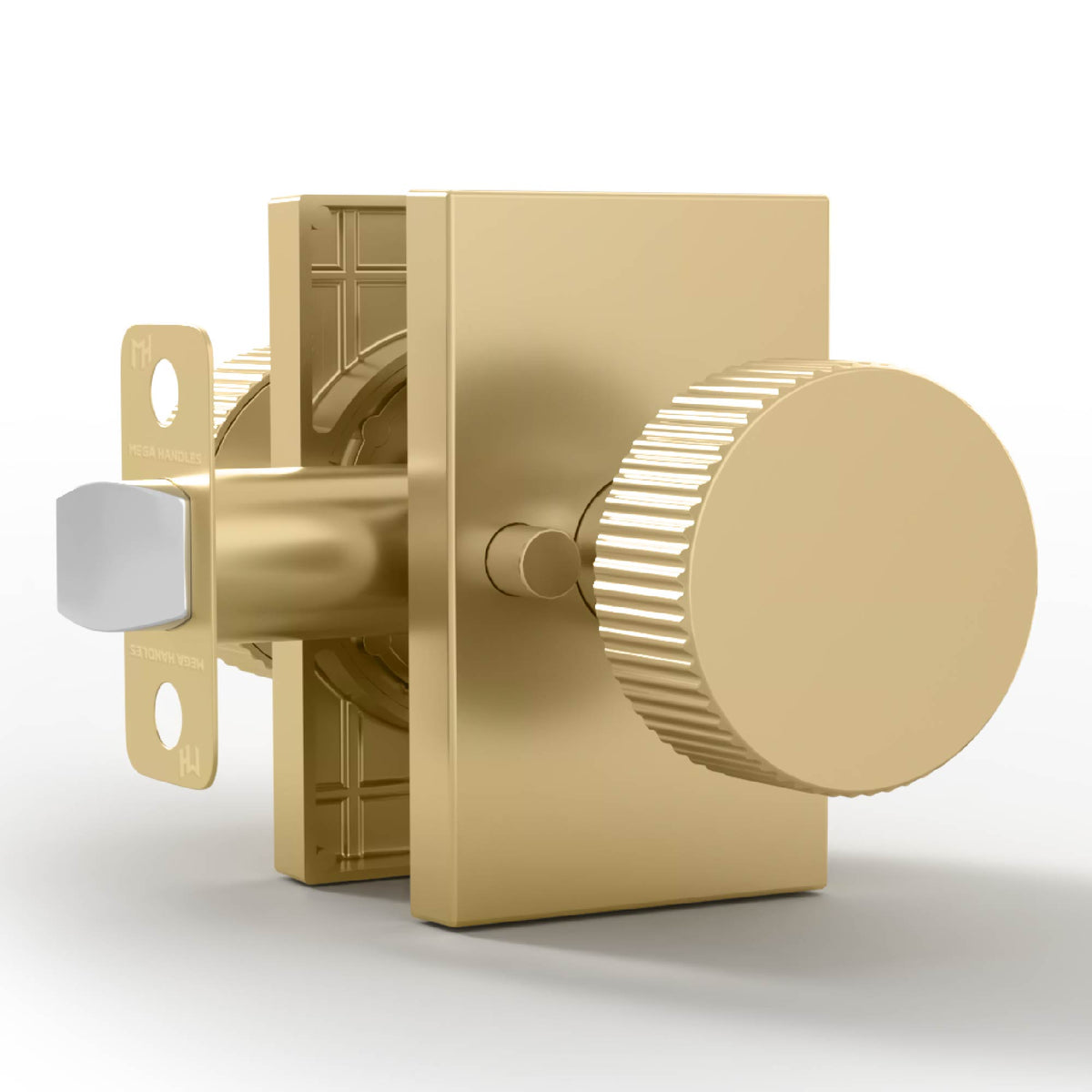 Ribba Satin Brass privacy knob set with grooved grip, rectangular rosettes, and exposed latch