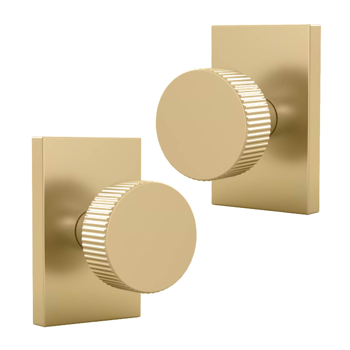 Angled pair of Ribba Satin Brass dummy knobs with grooved edges and rectangular rosettes