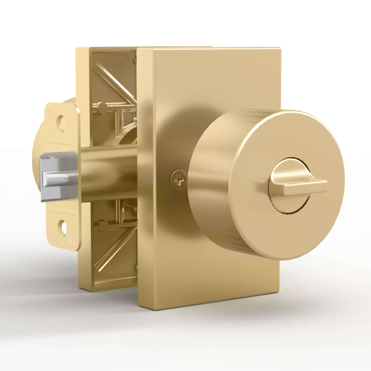 Laura Satin Brass keyed entry knob set with rectangular rosettes and exposed latch