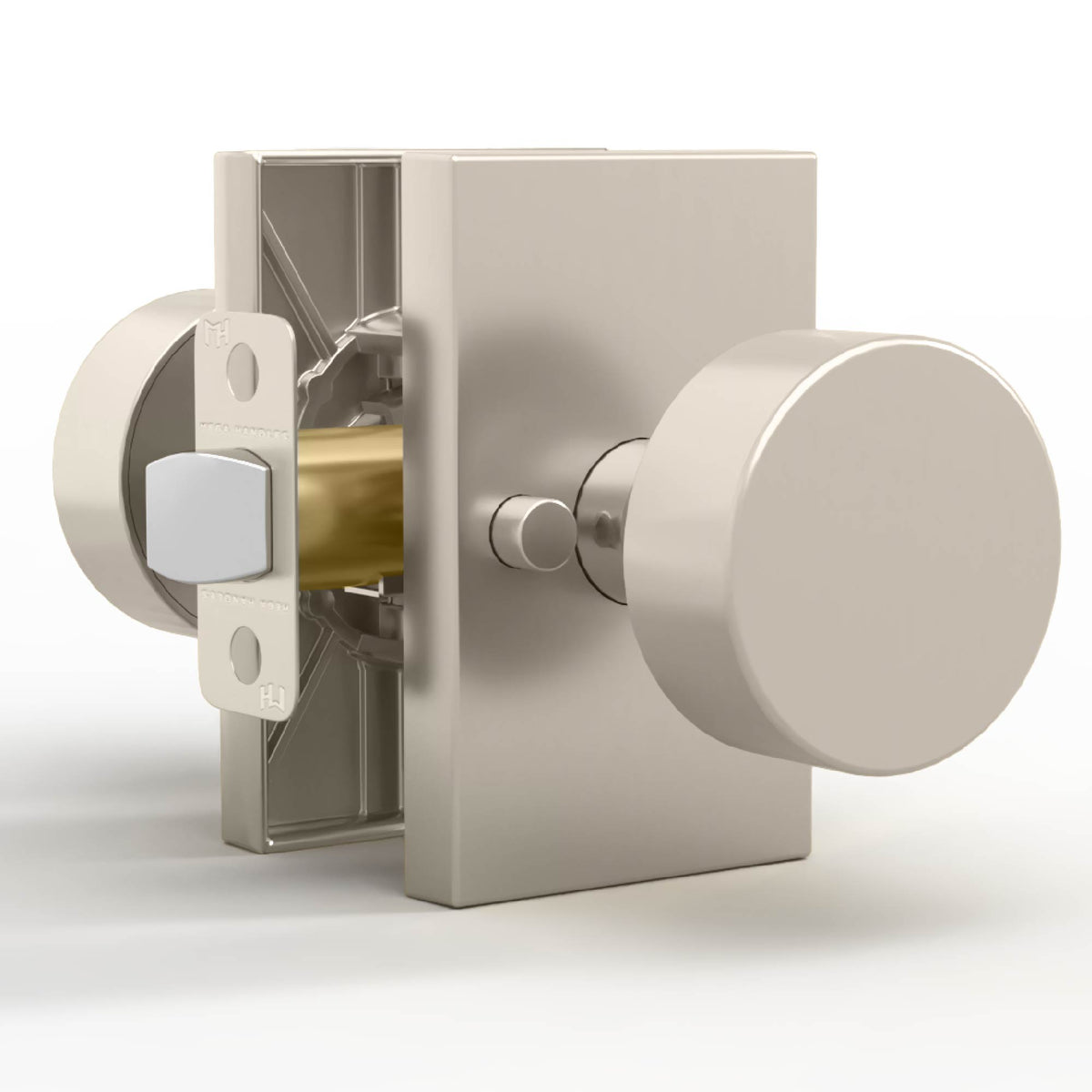 Four-step installation diagram for a Laura Satin Nickel privacy knob