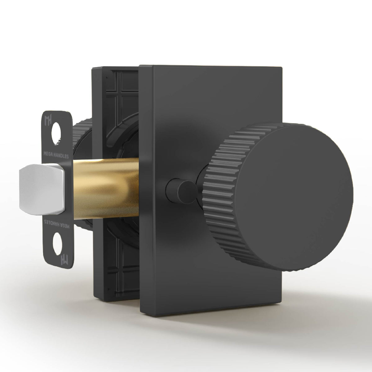 Ribba Matte Black privacy knob set with grooved grip, rectangular rosettes, and exposed latch