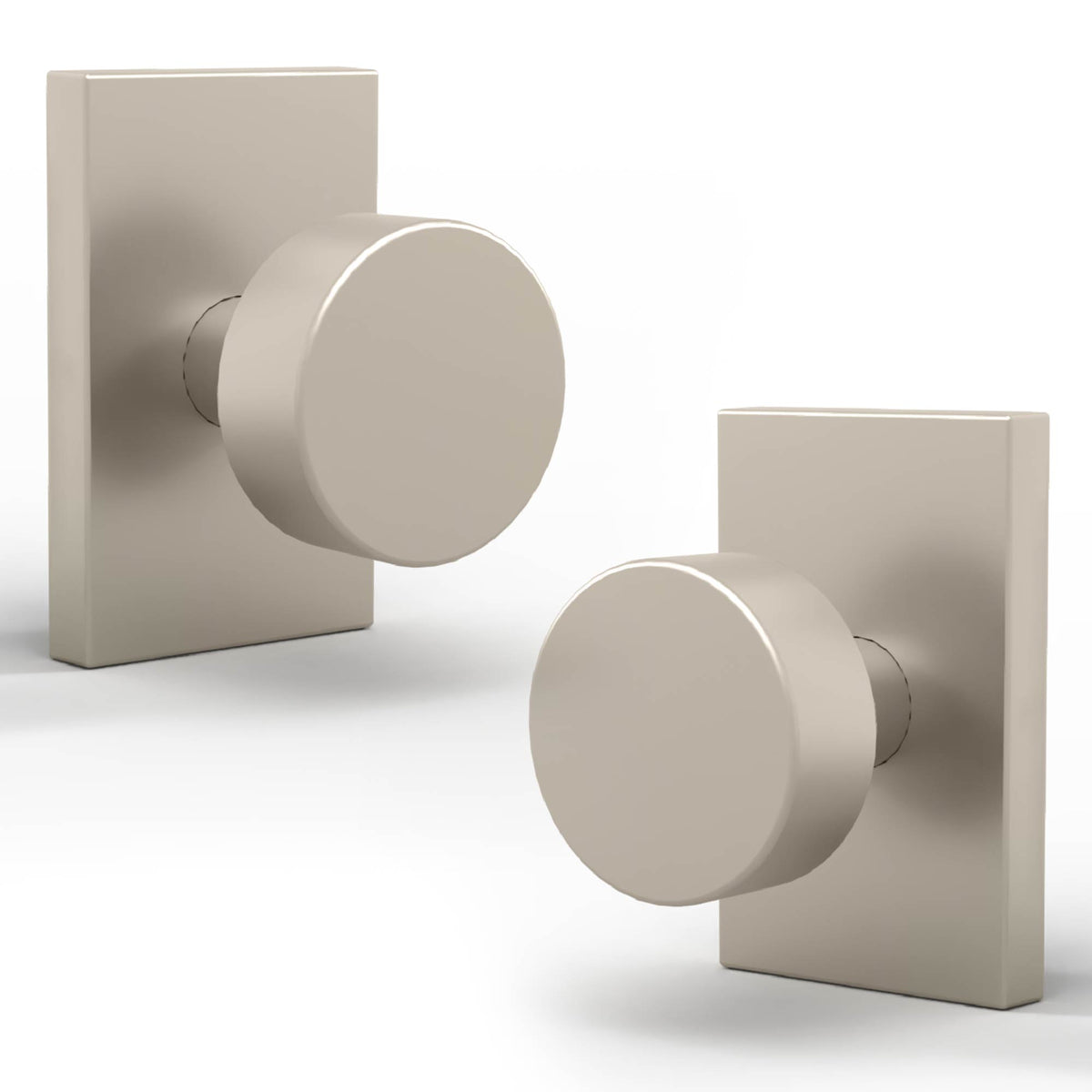 Angled group of three Laura Satin Nickel dummy knobs on rectangular rosettes