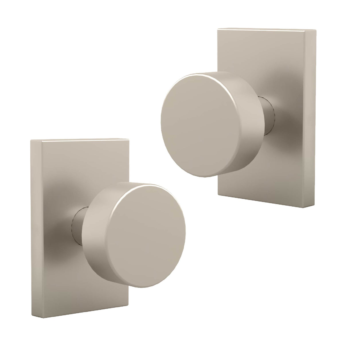 Angled pair of Laura Satin Nickel dummy knobs on rectangular rosettes