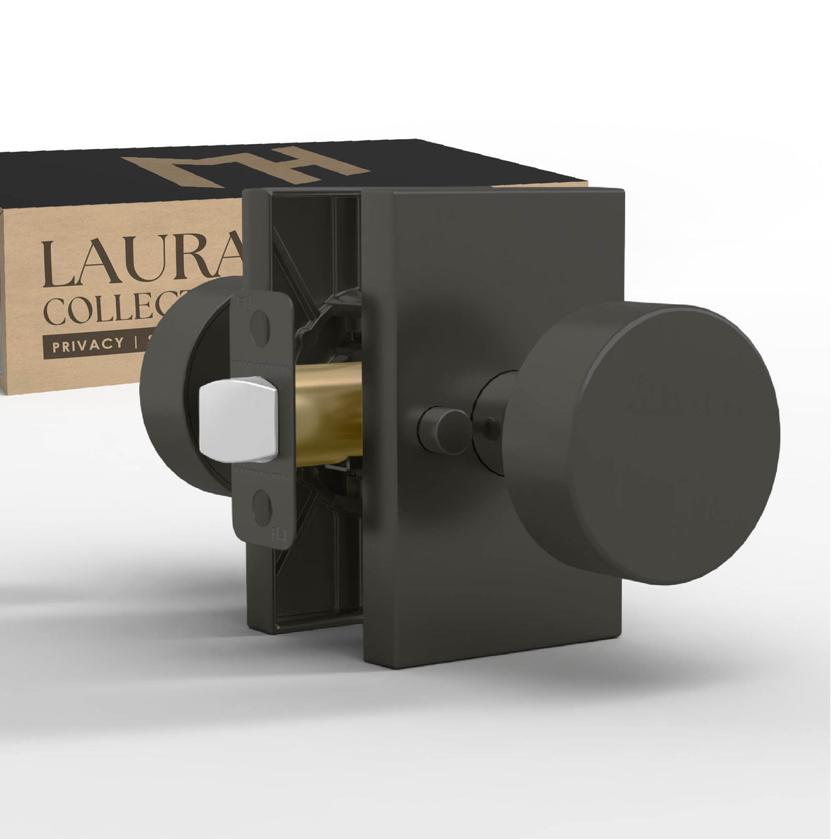 Laura Matte Black privacy knob set beside Laura packaging