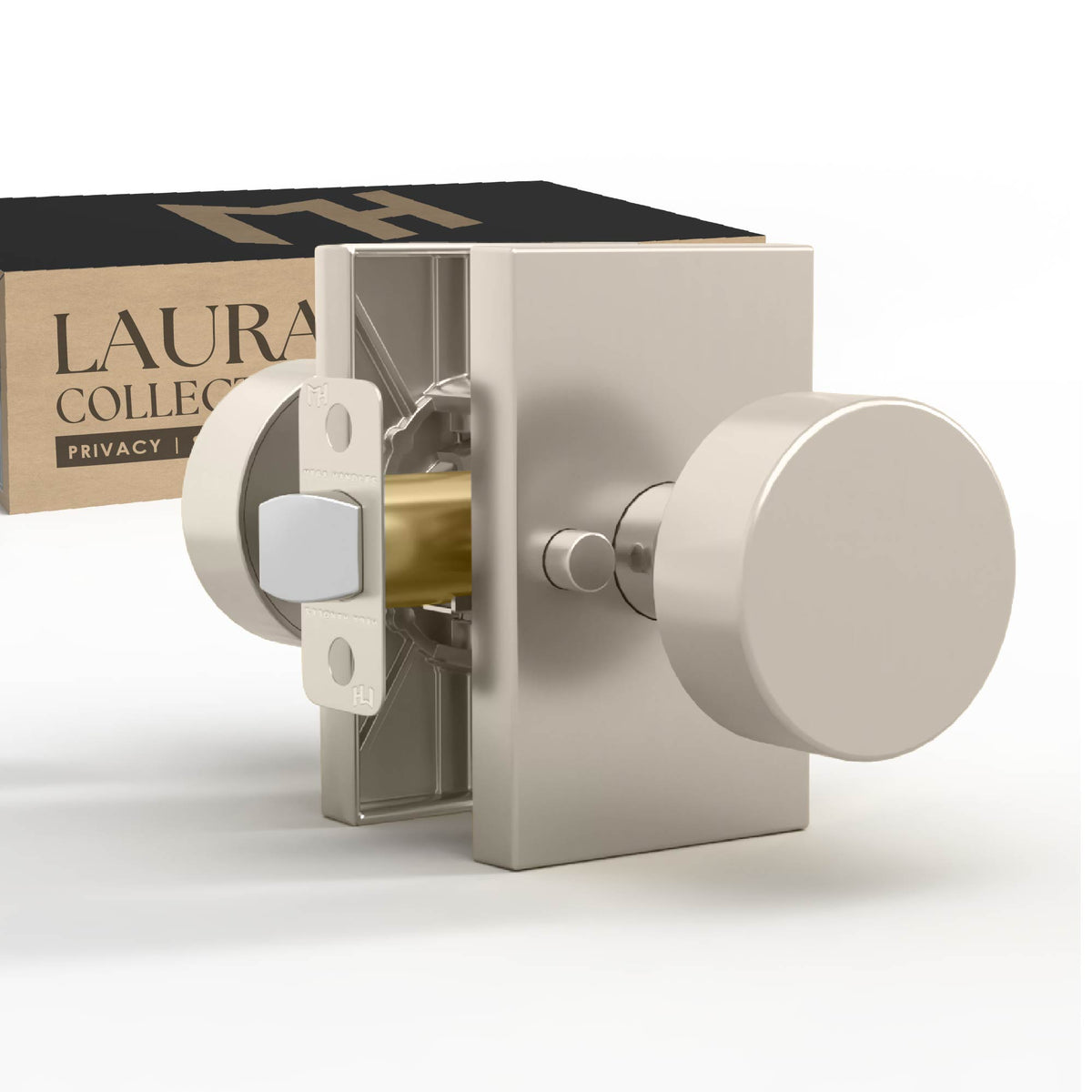 Laura Satin Nickel privacy knob set with rectangular rosettes and exposed latch