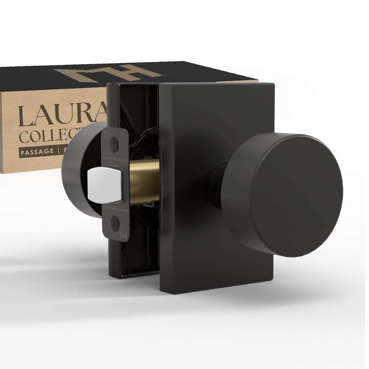 Laura Matte Black passage knob set with rectangular rosettes and exposed latch