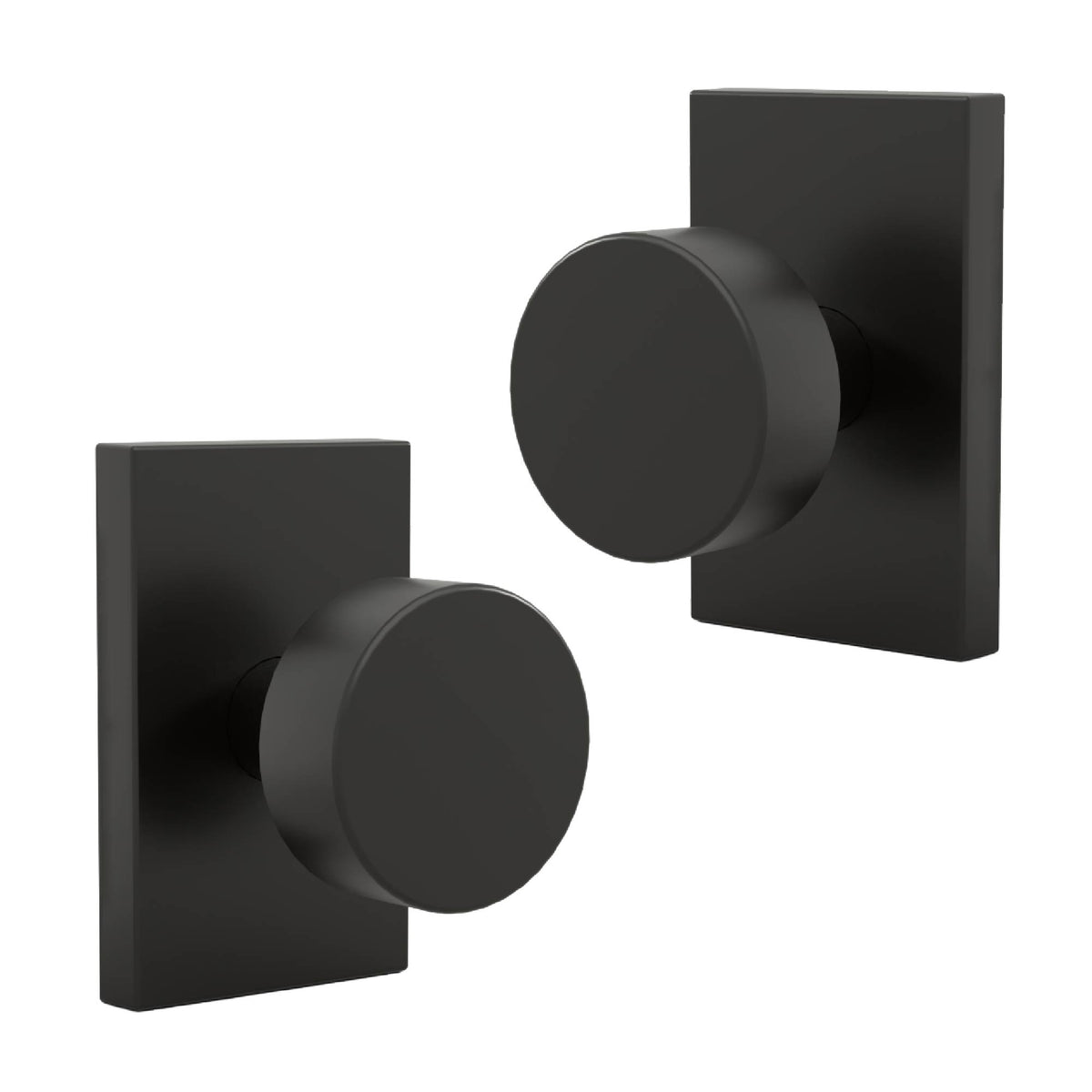 Front and rear views of Laura Matte Black dummy knobs on rectangular rosettes