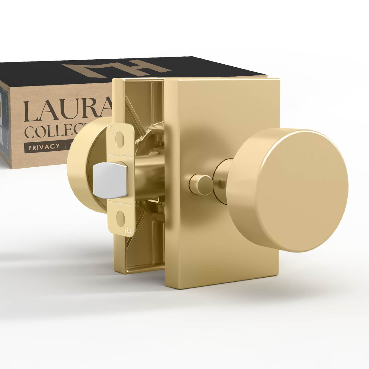 Laura Satin Brass passage knob set beside Laura packaging