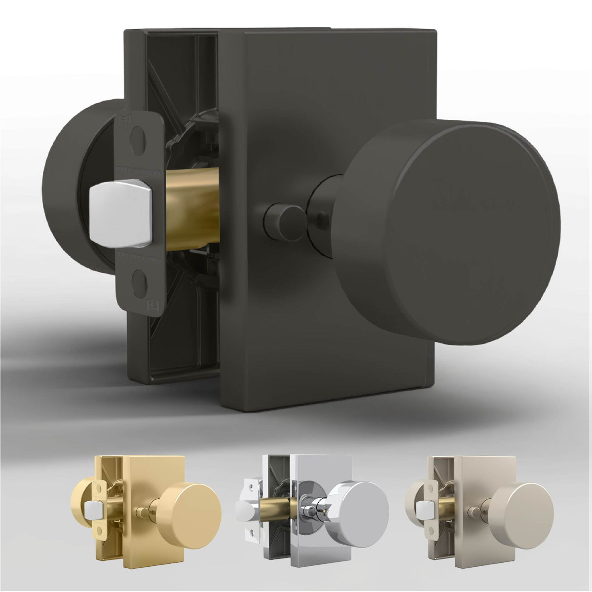 Laura Matte Black privacy knob set with exposed latch and finish swatches