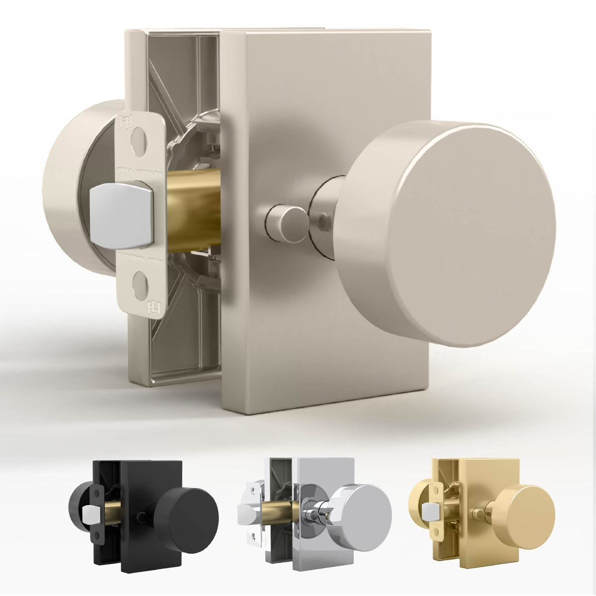 Laura Satin Nickel privacy knob set with rectangular rosettes and exposed latch