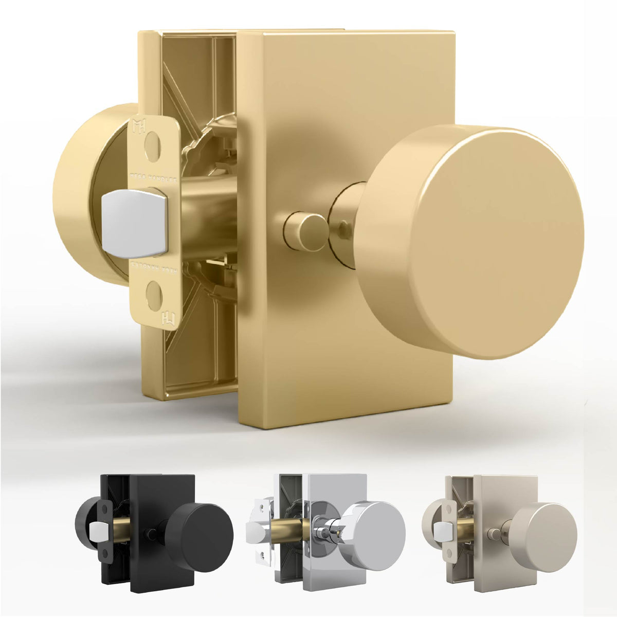 Close-up of a Laura Satin Brass passage knob installed on a light door
