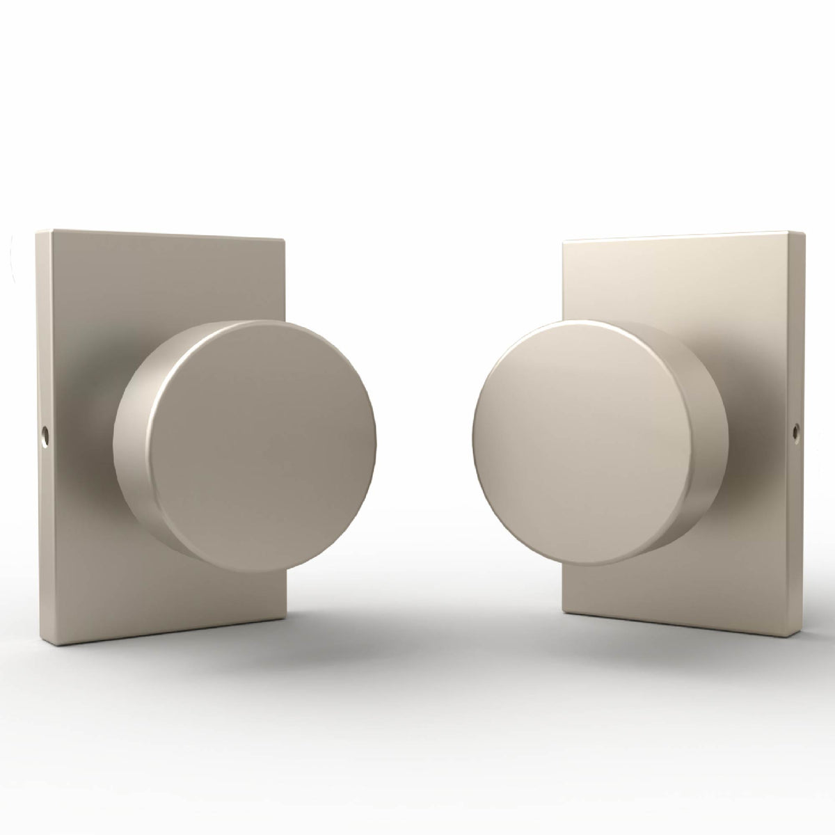 Front and rear views of Laura Satin Nickel dummy knobs on rectangular rosettes