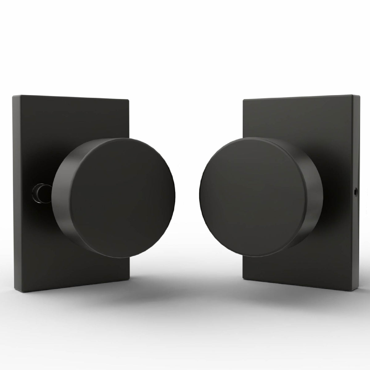 Front and rear views of Laura Matte Black dummy knobs on rectangular rosettes