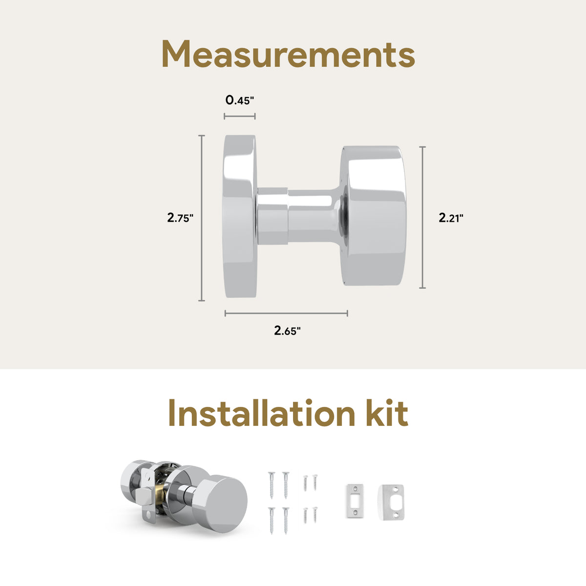 Buena Polished Chrome privacy knob measurements and included installation hardware