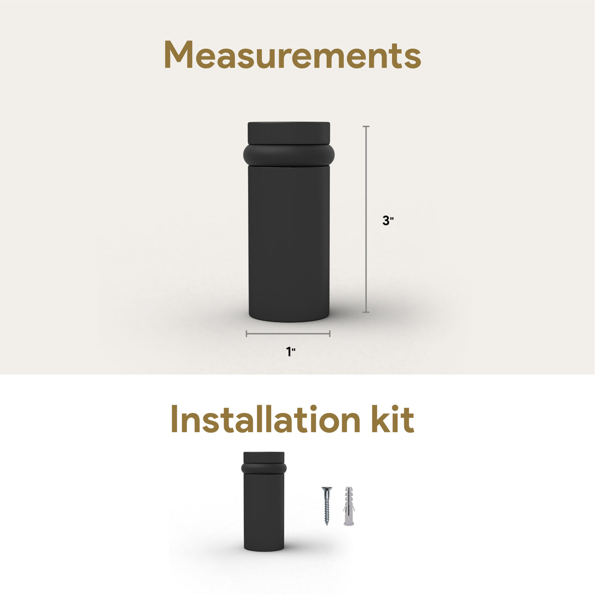 Matte black 3-inch Cylinder Door Stopper measurement diagram with height and base width