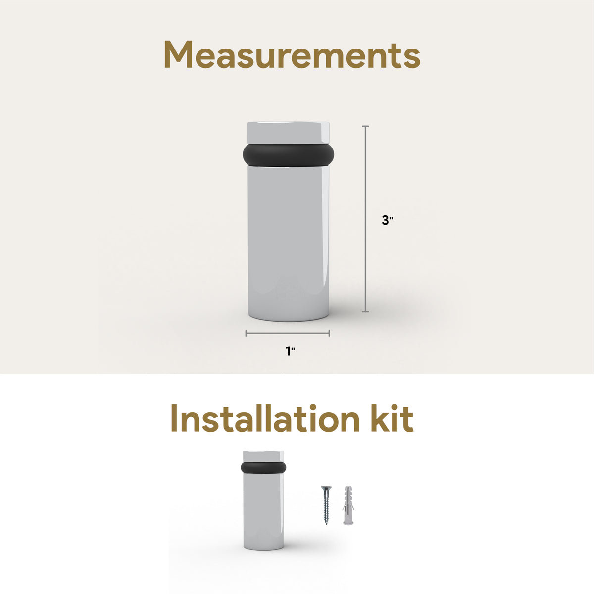 Polished chrome 3-inch Cylinder Door Stopper measurement diagram with height and base width
