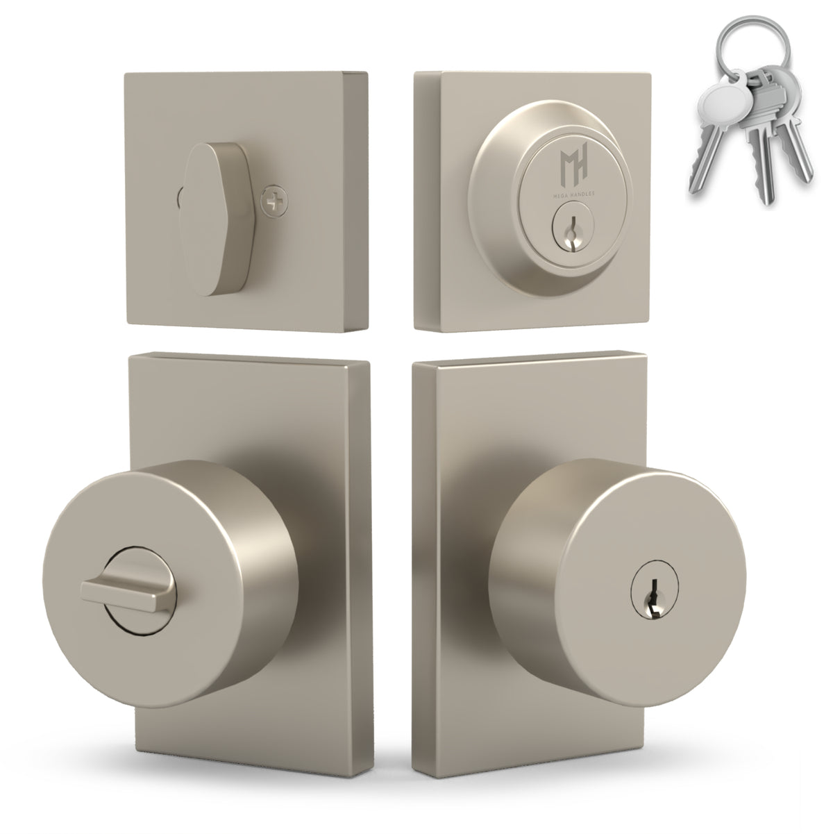 Laura Satin Nickel keyed entry knob set with rectangular rosettes and exposed latch