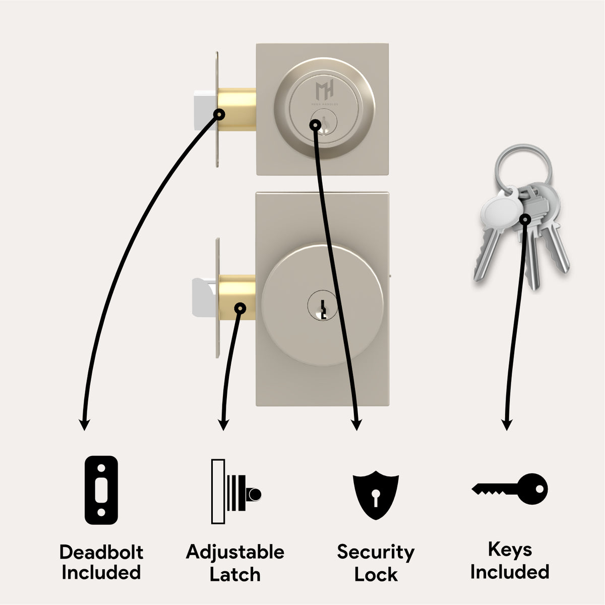 Hand turning a Laura Satin Nickel keyed entry knob beneath a matching deadbolt