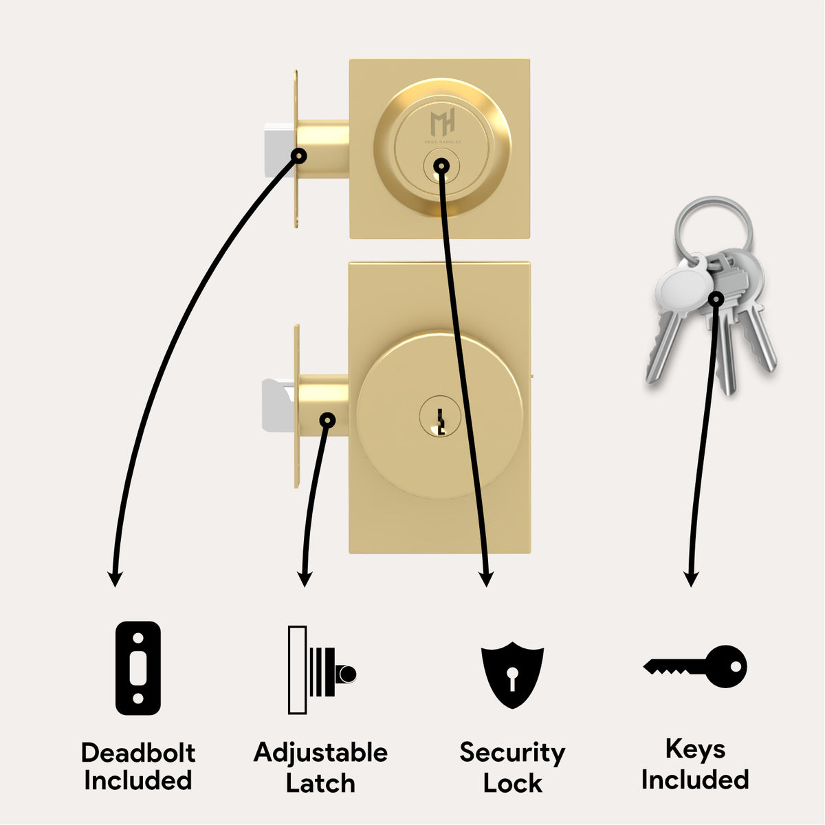 Hand turning a Laura Satin Brass keyed entry knob beneath a matching deadbolt