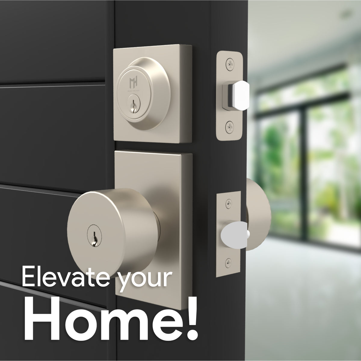 Laura Satin Nickel entry set showing keyed knob, interior thumb-turn, deadbolt, and keys
