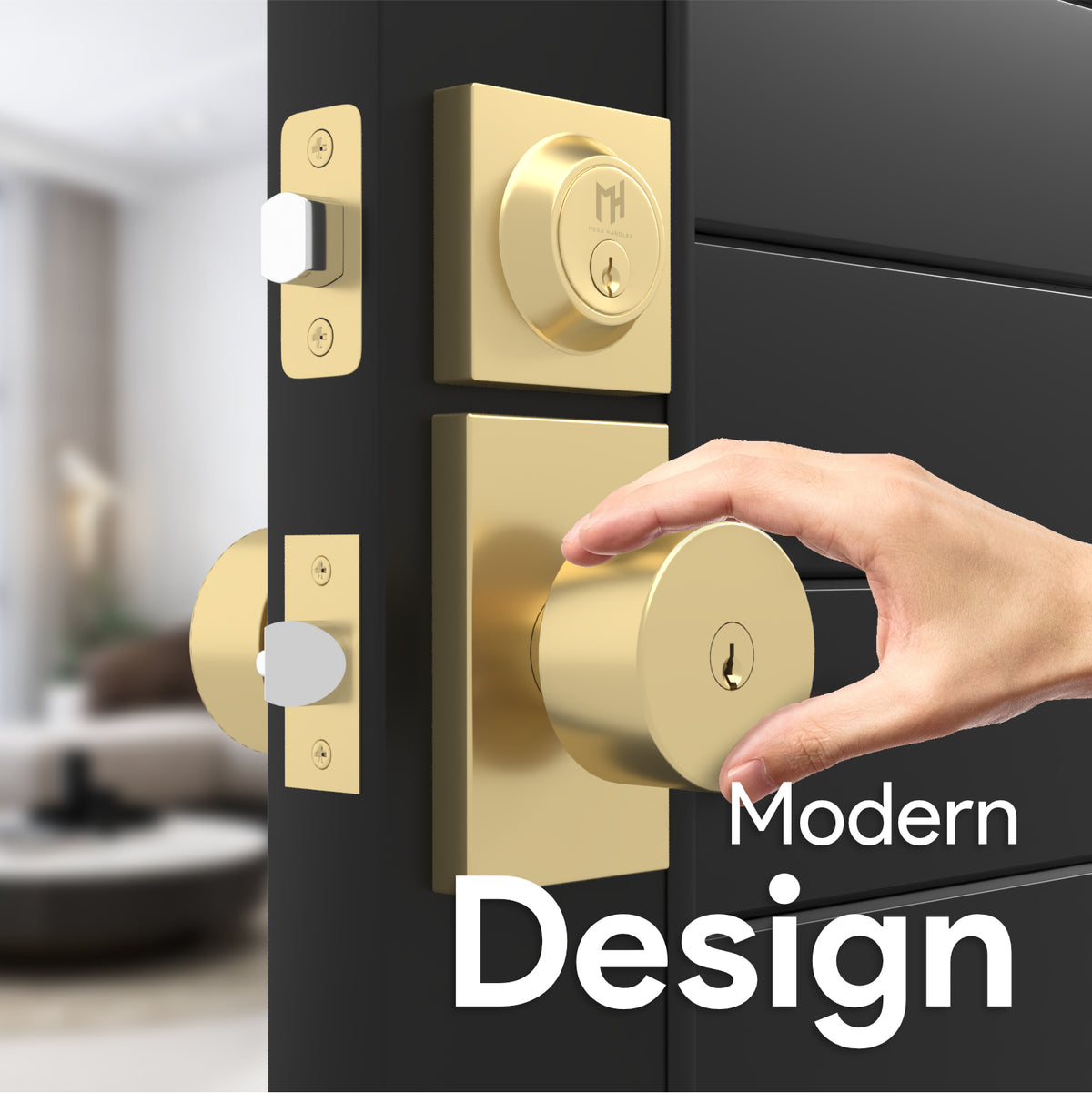 Laura Satin Brass entry knob and deadbolt installed on a modern front door