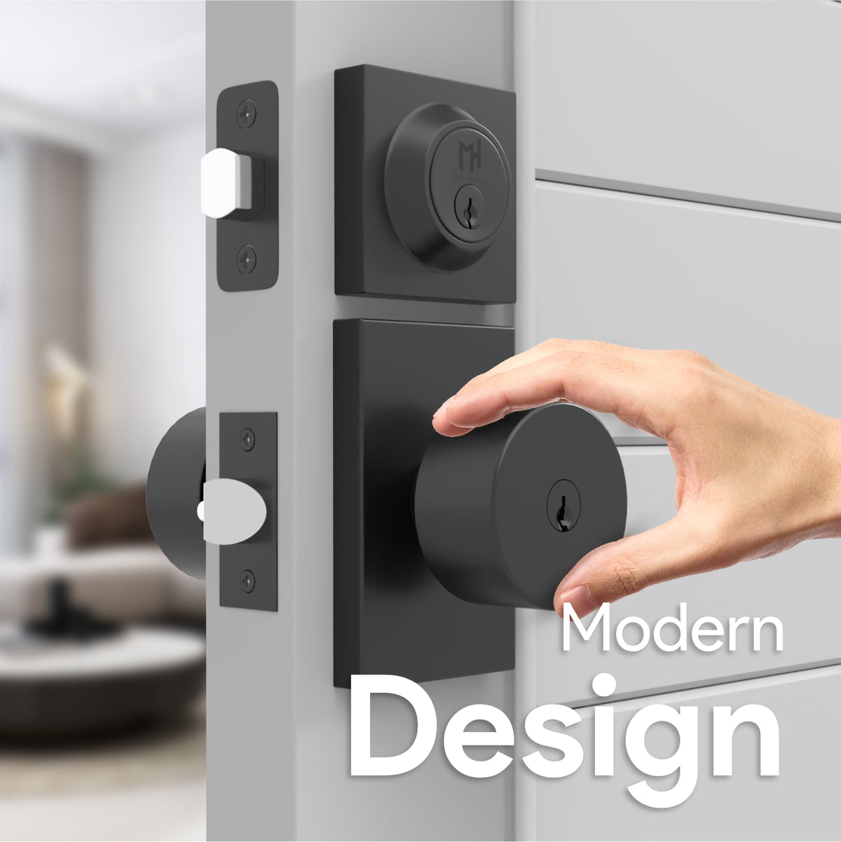 Front and rear views of a Laura Matte Black keyed entry knob and deadbolt with keys
