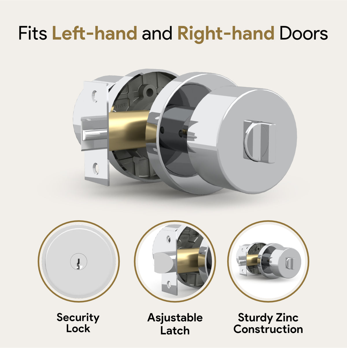 Buena Polished Chrome keyed entry knob compatibility graphic with security lock and adjustable latch