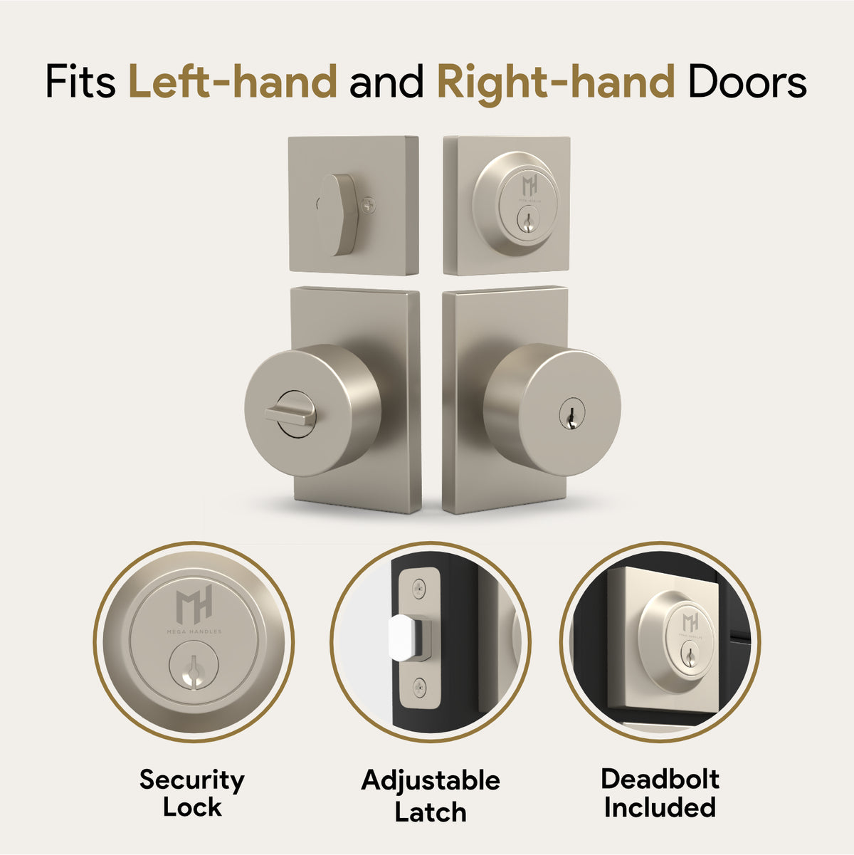 Laura Satin Nickel entry knob and deadbolt installed on a modern front door