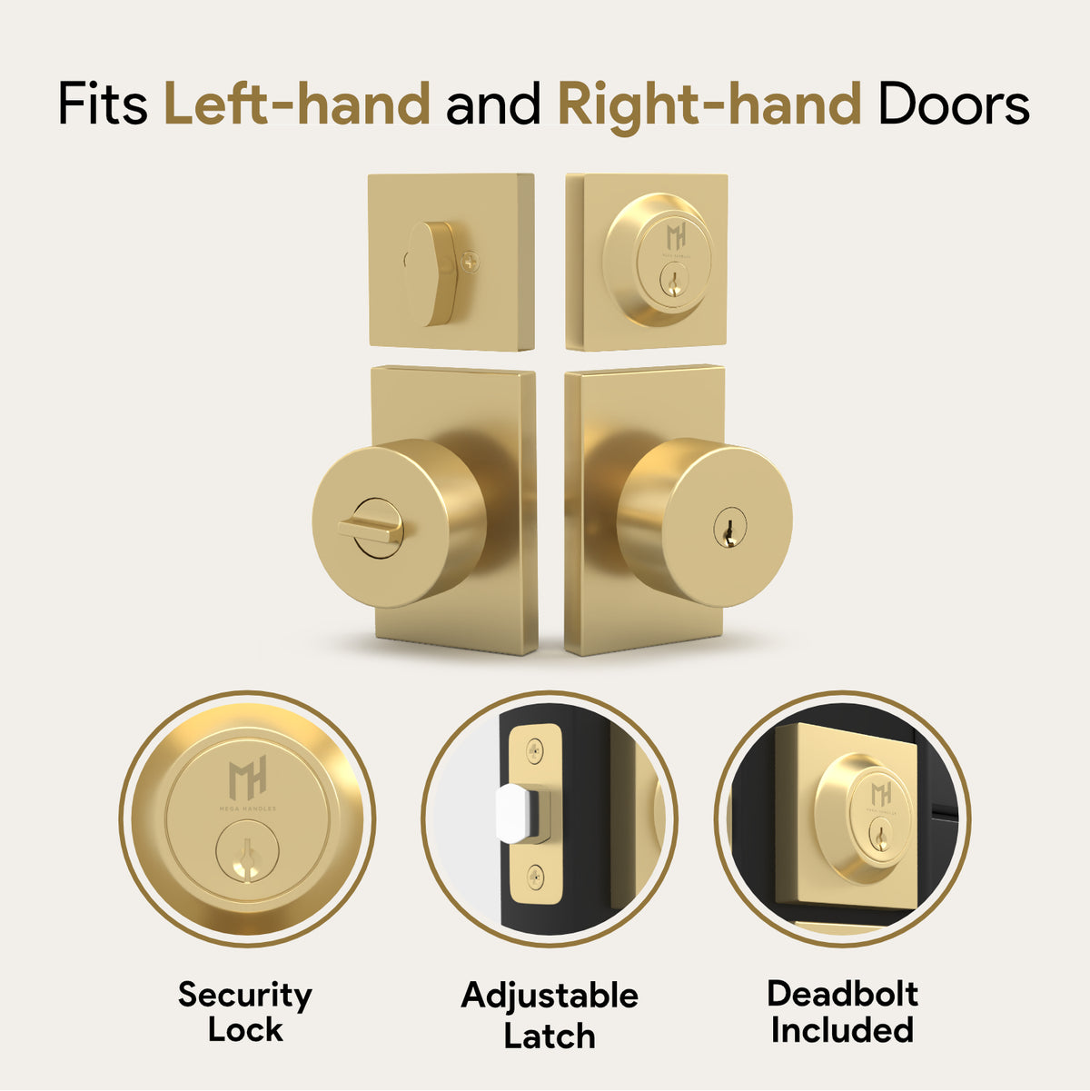 Laura Satin Brass entry set diagram showing deadbolt, adjustable latch, security lock, and keys
