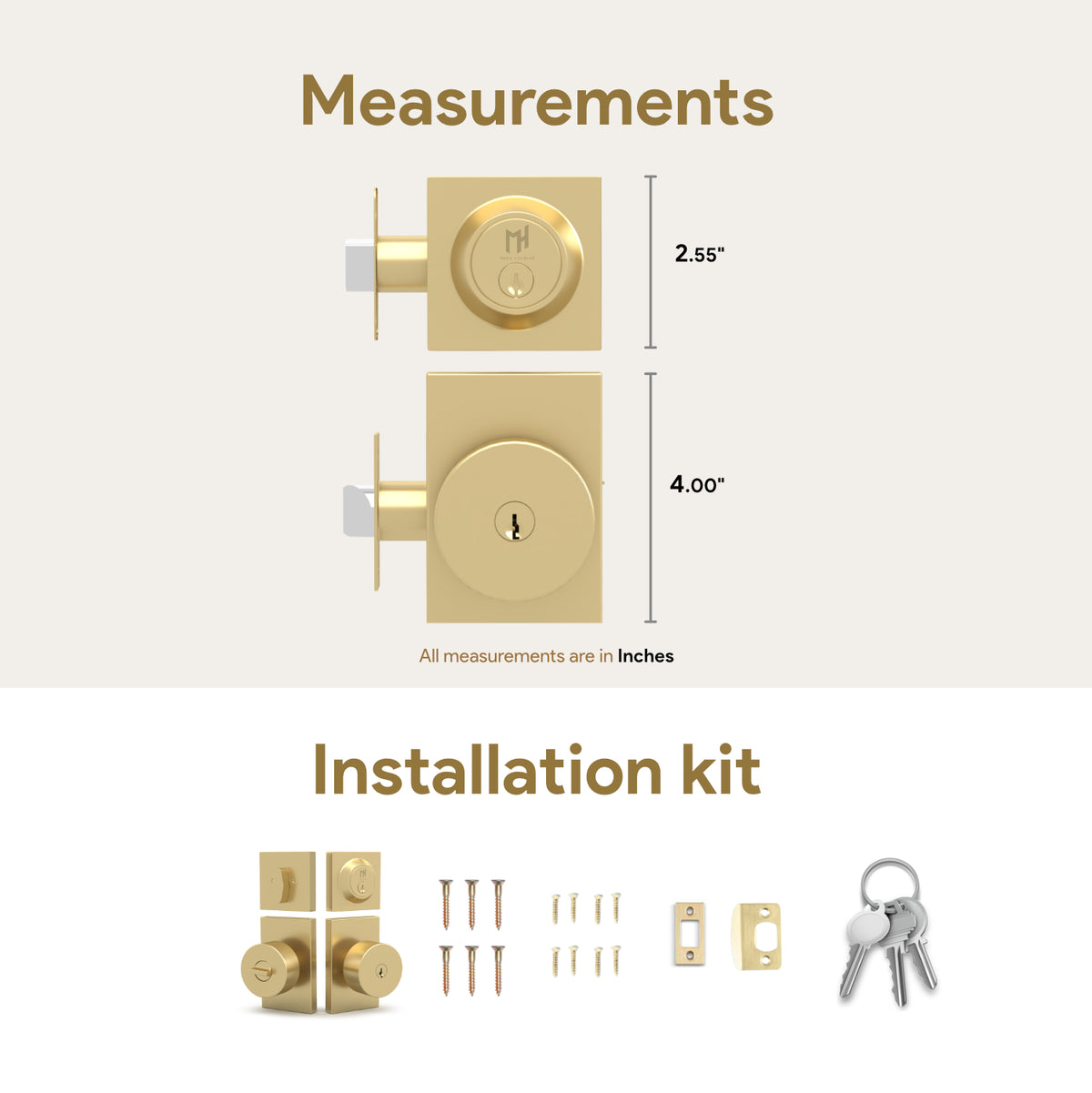 Laura Satin Brass passage knob set with rectangular rosettes and exposed latch
