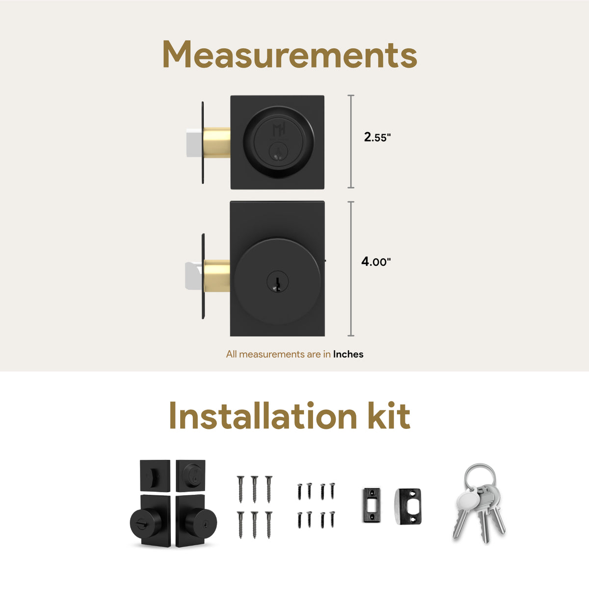 Hand turning a Laura Matte Black keyed entry knob beneath a matching deadbolt