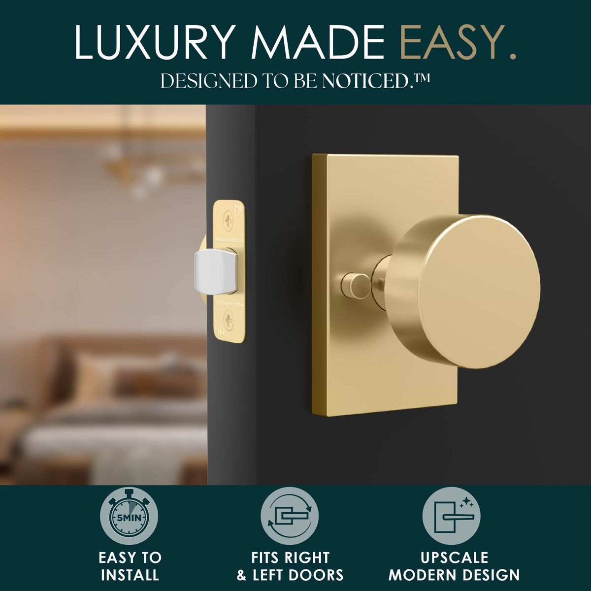 Laura Satin Brass passage knob installed on a dark door in a lifestyle graphic